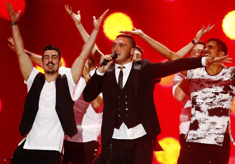 Nadav Guedj representing Israel performs during a dress rehearsal for the second semifinal of the upcoming 60th annual Eurovision Song Contest in Vienna