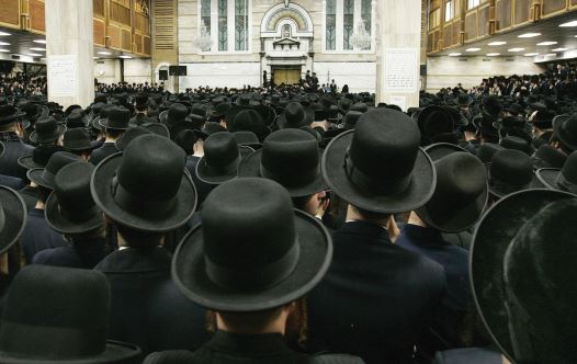 Satmar Hasidim in the Yetev Lev D’Satmar synagogue in the town of Kiryas Joel, New York