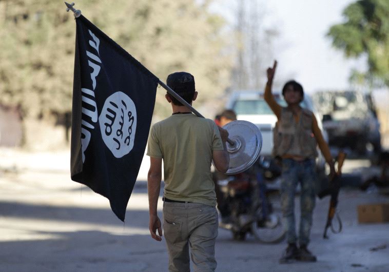A rebel fighter takes away a flag that belonged to Islamic State militants in Akhtarin village, after rebel fighters advanced in the area, in northern Aleppo Governorate, Syria, October 7, 2016