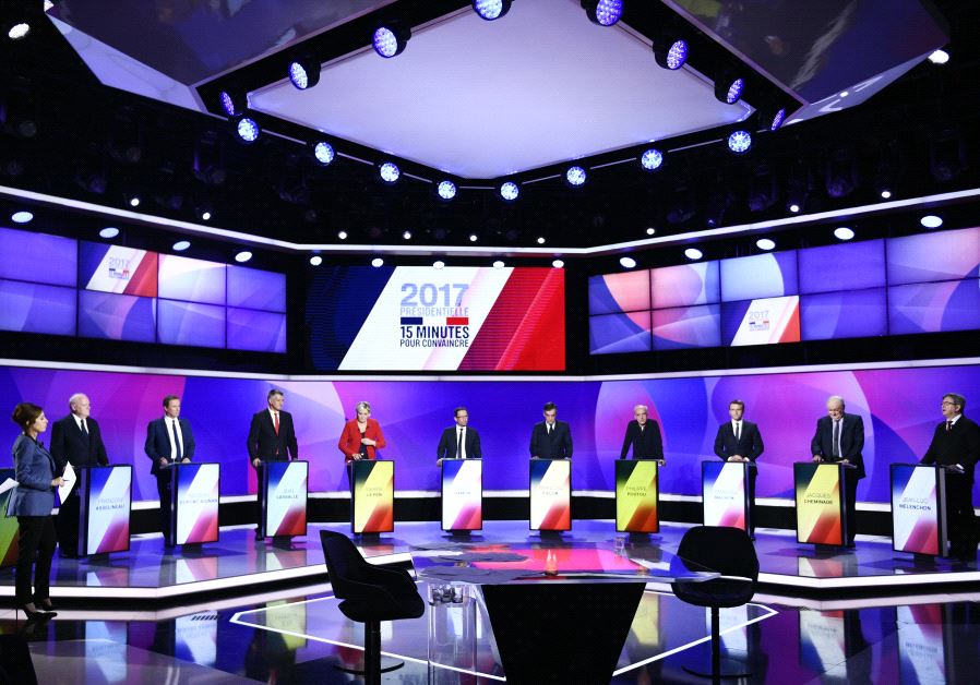 The eleven French presidential election candidates take part in a special political television show entitled "15min to Convince" at the studios of French Television channel France 2 in Saint-Cloud, near Paris