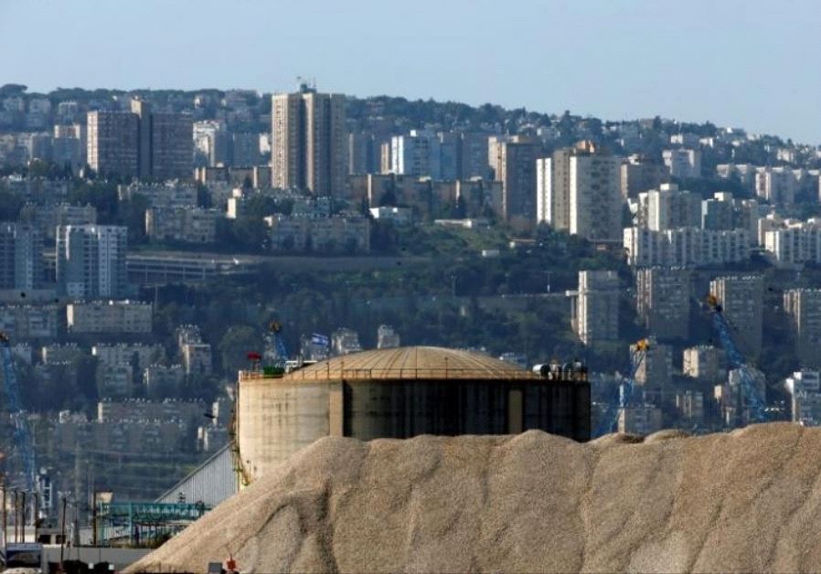 Haifa Chemicals' ammonia tank, Israel's largest ammonia tank, is seen in the Haifa bay area