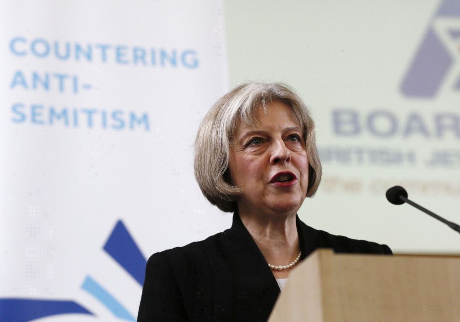 Britain's Theresa May speaks during a Board of Deputies of British Jews event in London in 2015