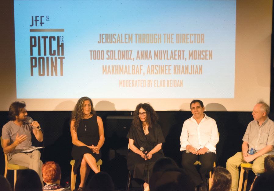 INTERNATIONAL FILMMAKERS (from left) Elad Keidan, Anna Muylaert, Arsinée Khanjian, Mohsen Makhmalbaf and Todd Solondz participate in a panel discussion at the Jerusalem Cinematheque