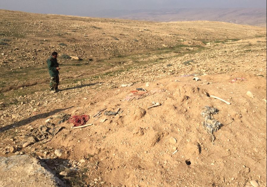 Two photos of mass grave sites near Sinjar in 2015 of Yazidis who were mass murdered by ISIS in the 2014 genocide.