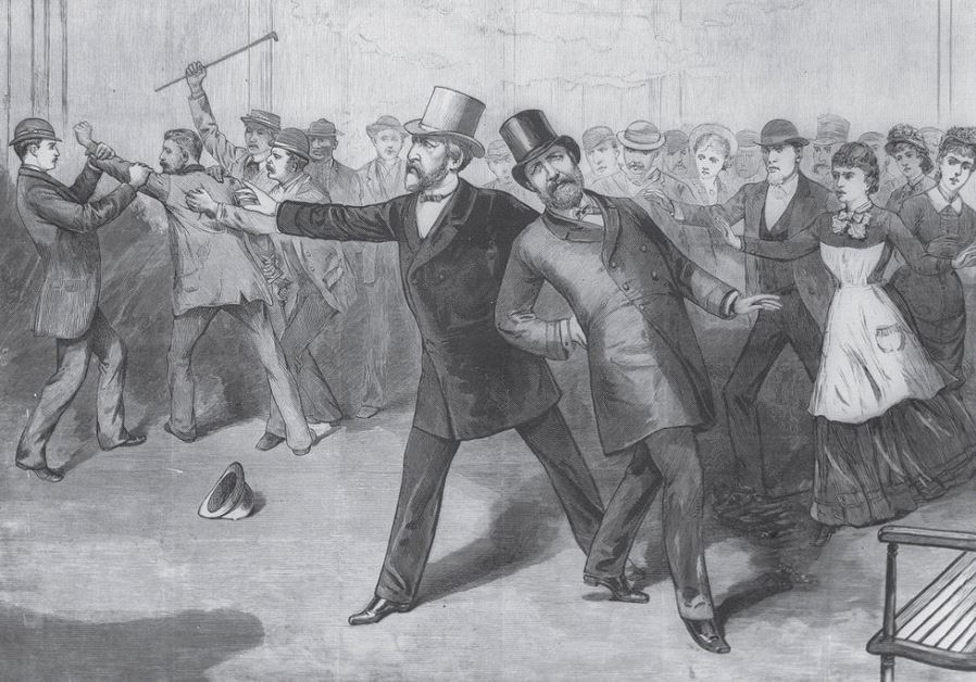 AN ENGRAVING of James A. Garfield’s assassination, published in 1881 in Frank Leslie’s Illustrated Newspaper.